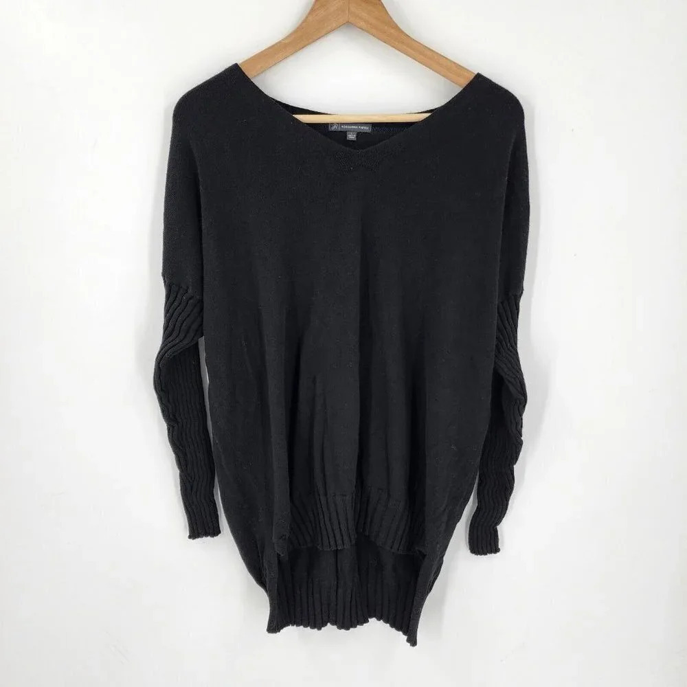 Adrianna Papell Women's Ribbed Hem V-Neck‎ Pullover Sweater Black Size L